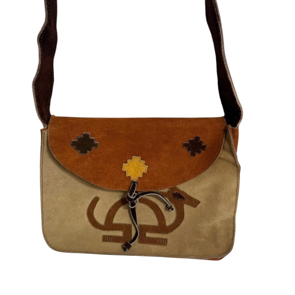Vintage Suede Western Boho Crossbody Bag Aztec Applique Brown Tan Shoulder